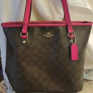 Dark Brown and Pink Coach Zip Tote Purse.